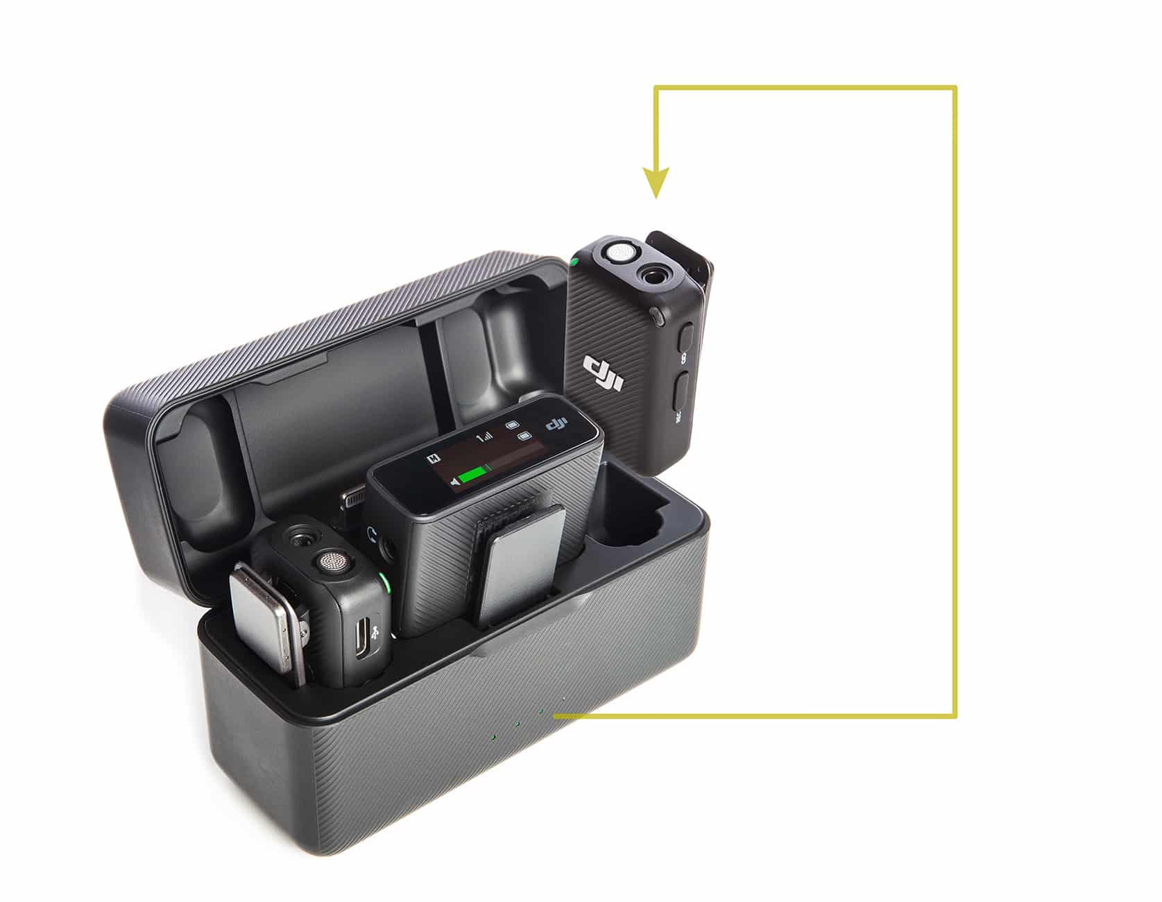 An exploded view of a product to illustrate storage within the charging case